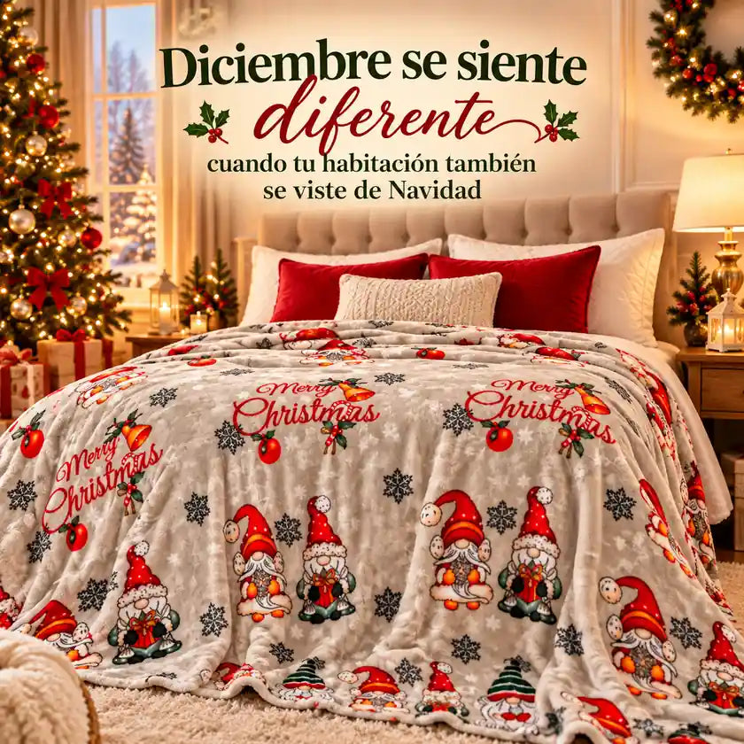 Habitación decorada con cobija navideña