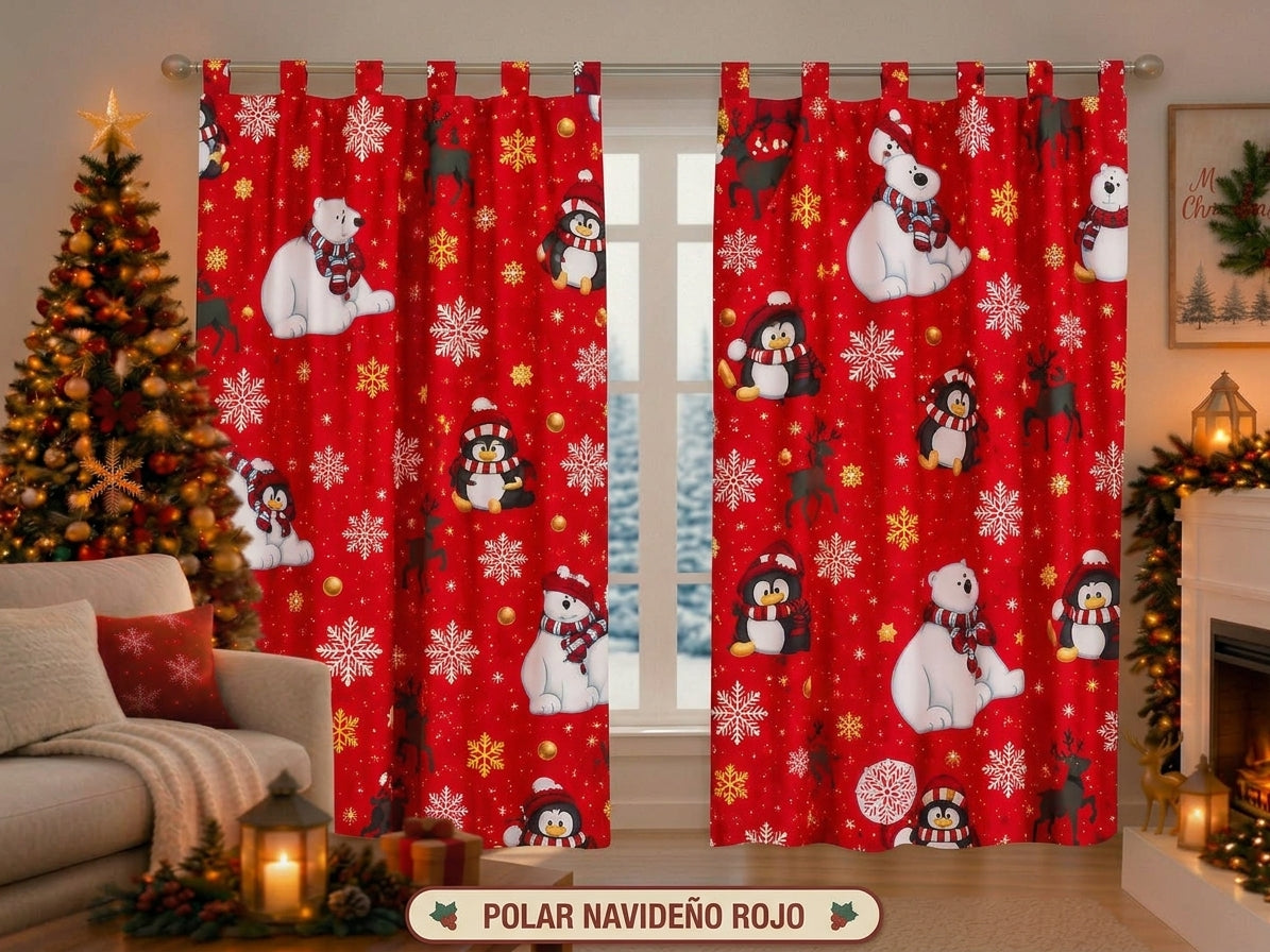 Cortina Navideña diseño Polar Navideño Rojo — set de 2 paneles