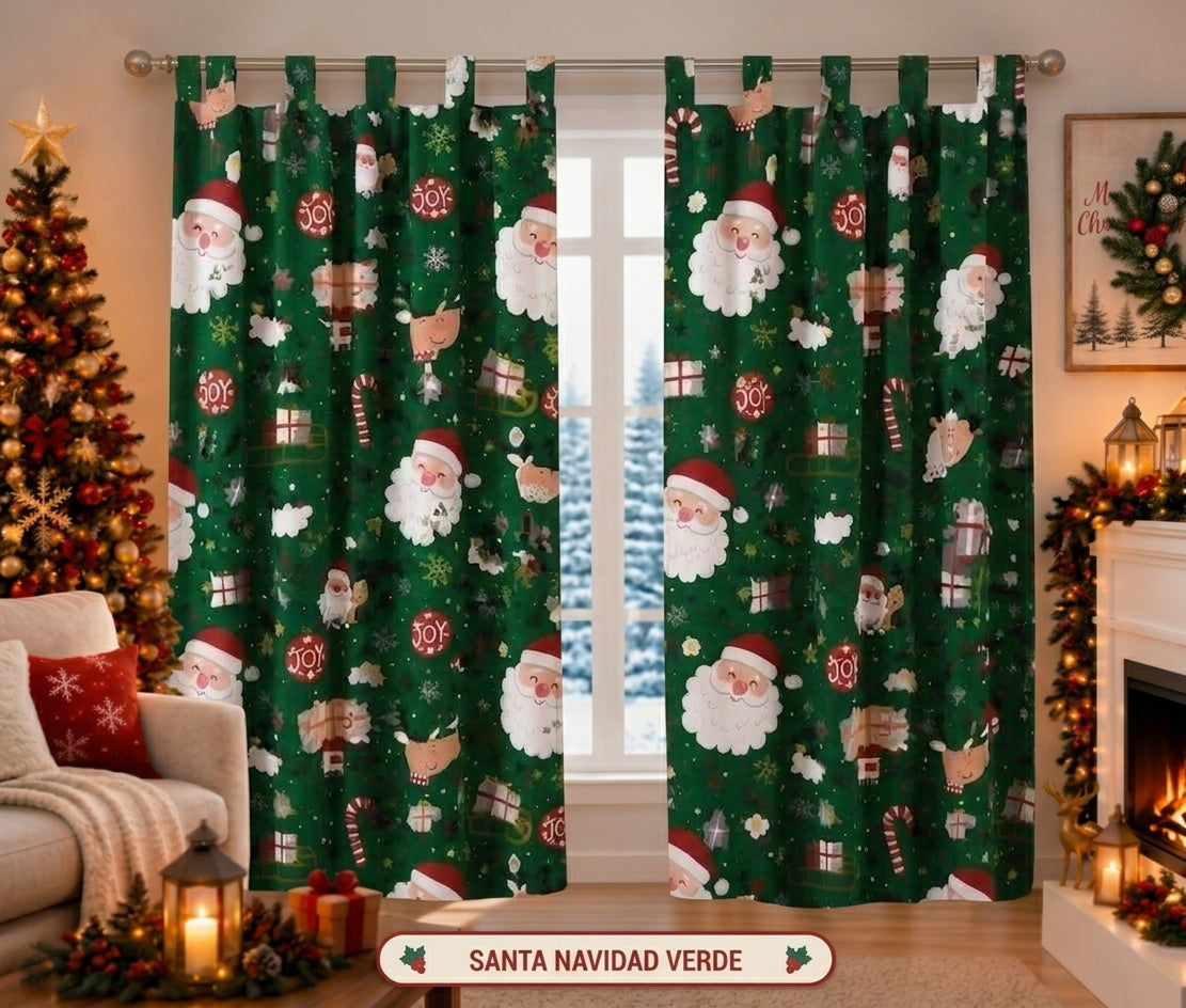 Cortina Navideña diseño Santa Navidad Verde — set de 2 paneles