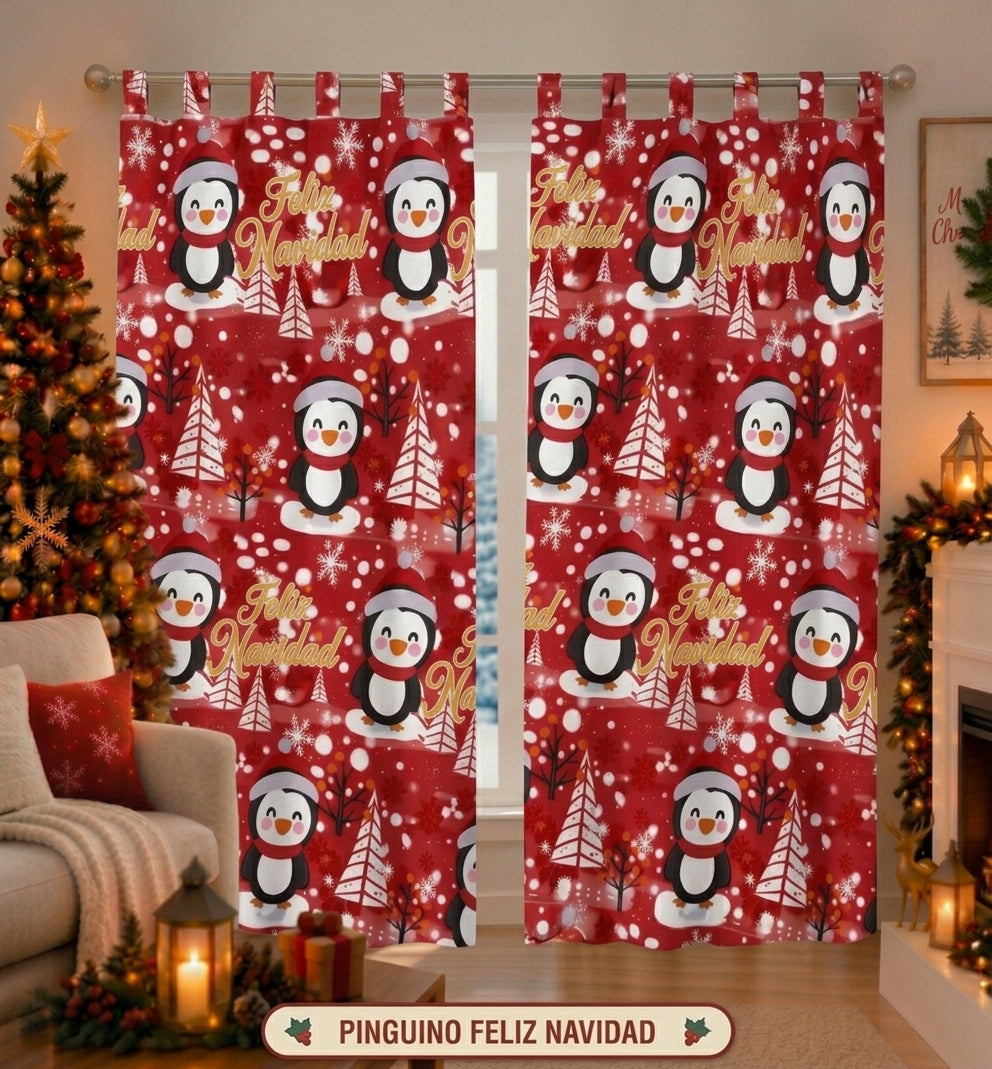 Cortina Navideña diseño Pingüino Feliz Navidad — set de 2 paneles