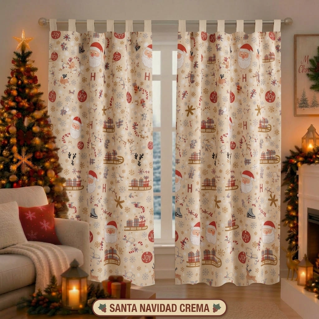 Cortina Navideña diseño Santa Navidad Crema — set de 2 paneles