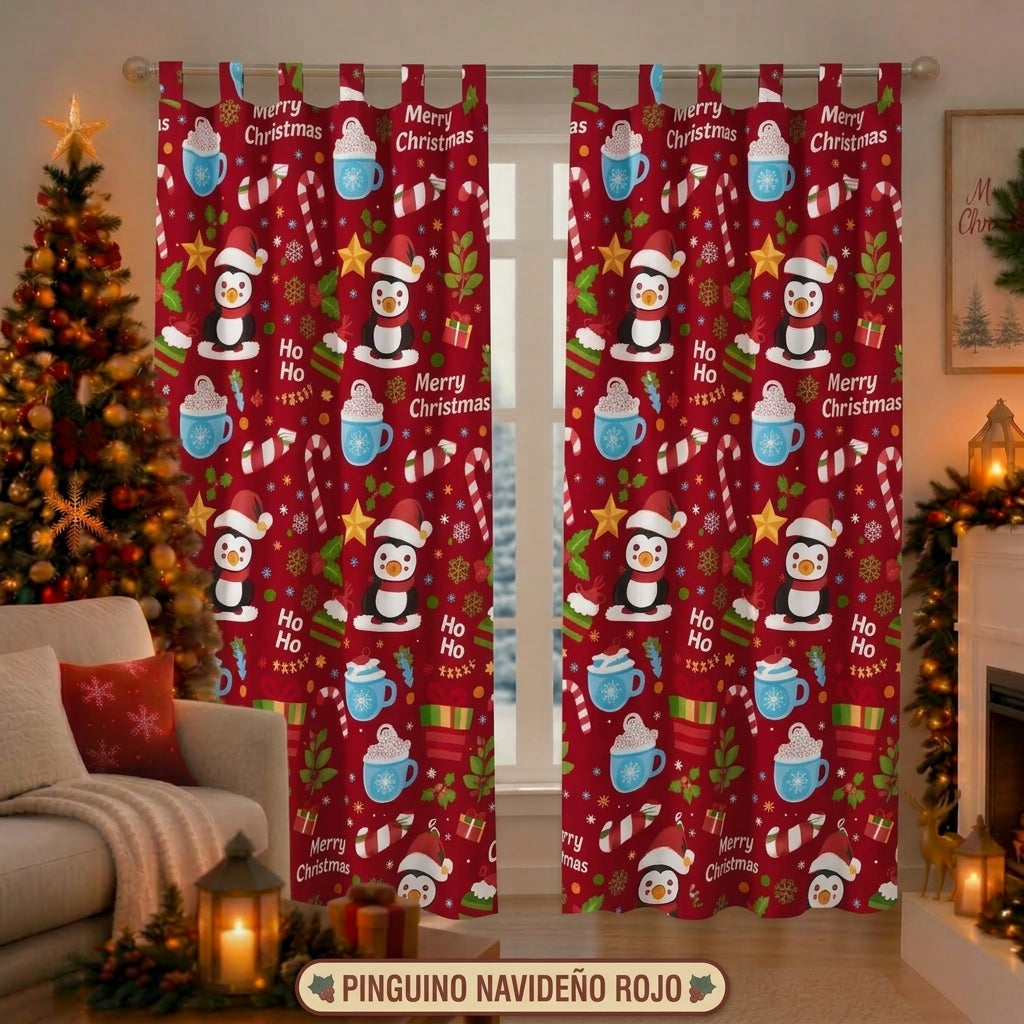 Cortina Navideña diseño Pingüino Navideño Rojo — set de 2 paneles