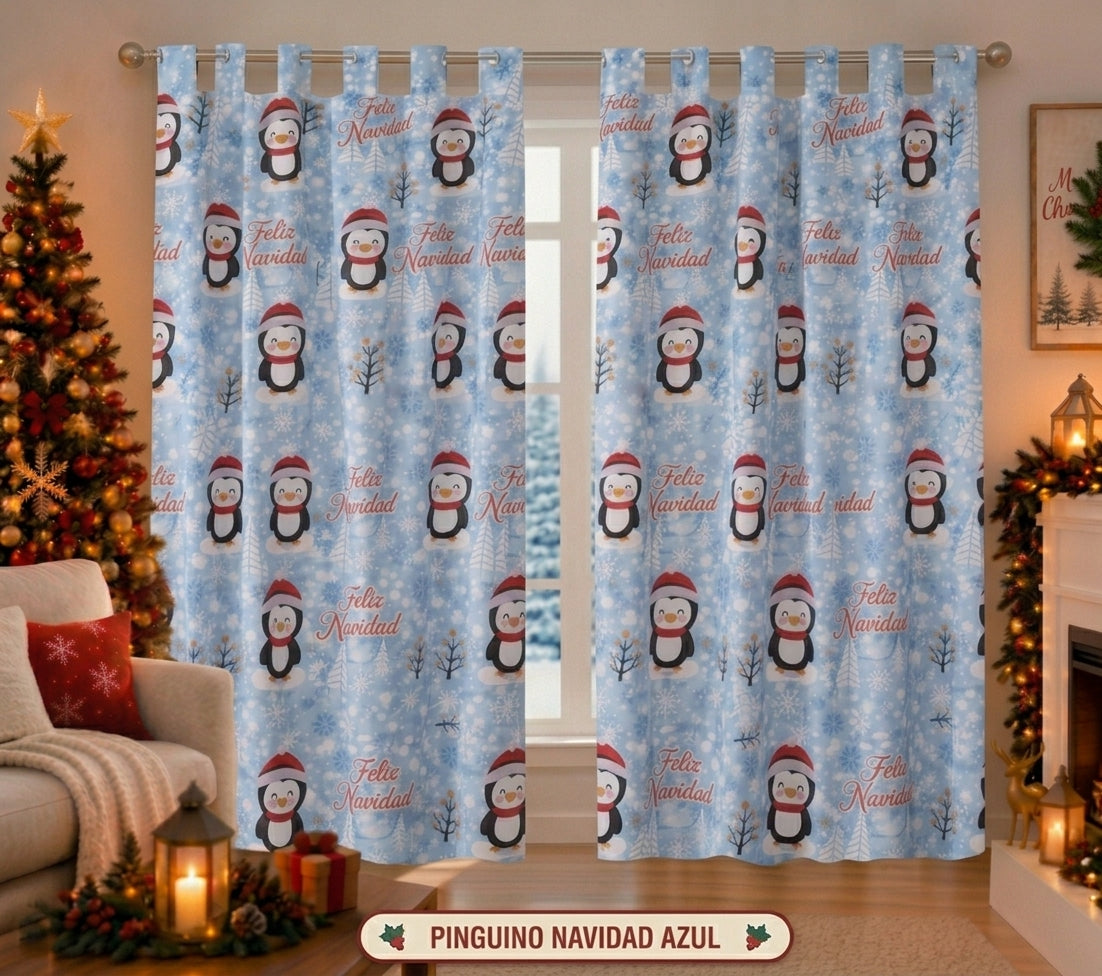 Cortina Navideña diseño Pingüino Navidad Azul — set de 2 paneles