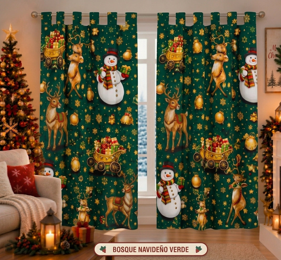 Cortina Navideña diseño Bosque Navideño Verde — set de 2 paneles
