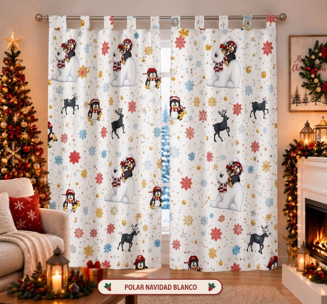 Cortina Navideña diseño Polar Navidad Blanco — set de 2 paneles